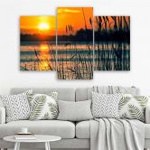 Leinwandbild 3-teilig, Sonnenuntergang See Gras Natur 