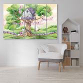 Leinwandbild 5 teilig, Weiße Kaninchen Hütte auf dem Baum 