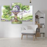Leinwandbild 3 teilig, Weiße Kaninchen Hütte auf dem Baum 