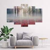 Leinwandbild 5 teilig, Nebel Wald Lichtung Blumen 