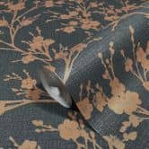 Vliestapete mit leicht glänzendem Blattmotiv schwarz, gold Floral 