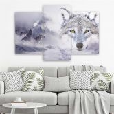 Leinwandbild 3-teilig, Grauer Wolf Nebelwald Berge 