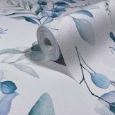 Vliesbehang bladeren, takken bloem natuur mat in wit blauw 