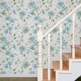 Vliestapete Blumen, Blätter Floral Natur matt in Weiß Grün Blau 