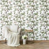 Vliestapete Äste, Blumen Floral Natur Weiß Grün 