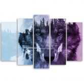 Leinwandbild 5 teilig, Wolf Tiere Wald Violett 