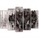 Wandbild 5-teilig, Wolf Wald Retro Vintage 