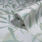 Vliesbehang in wit groen bladlook vintage bloemige natuur  