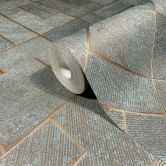 Vliesbehang in blauw, koper geblokt, grafisch geometrisch ruitpatroon 