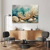 Leinwandbild, Muscheln und Seesterne türkis 