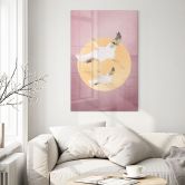 Tableau sur verre acrylique Grues blanches et or dans un ciel rose - Aureous 