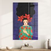 Acrylglasbild Frau mit roter Blütenkrone und Vogel - Hülya 