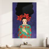 Wandbild Frau mit roter Blütenkrone und Vogel - Hülya - Alu-Dibond 