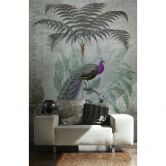 Livingwalls Fototapete ARTist Peacock Jungle mit Dschungel und Pfauen gelb, grün, violett 
