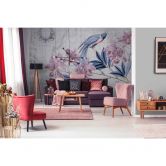 Livingwalls Fototapete ARTist Bird Discovery mit Blumen Vögeln und Weltkarte blau, rosa 
