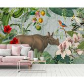 Livingwalls Fototapete ARTist Jungle Rhino mit Dschungel und Nilpferd braun, grün, orange, rosa, rot 