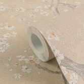 Blütenzweig-Tapete Beige Weiß Orange – Vliestapete mit Kirschblüten  