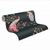 Tiertapete Schwarz Gelb - Vliestapete Pfau - Florale Tapete - Blumentapete mit Vögeln 