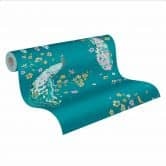 Blumentapete mit Vögeln - Tapete Pfau Türkis Gelb - Florale Tapete Designer 