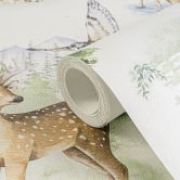 Bosdieren behang aquarel look groen beige - kinderkamer behang dieren 