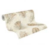 Papier peint intissé avec motif de plumes dans les tons beige et marron sur fond crème 