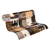 Papier peint intissé motif architectural multicolore dans les tons marron, ocre et terracotta 