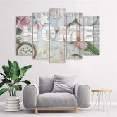 Leinwandbild 5 teilig, Home Holz Inschrift Blumen 