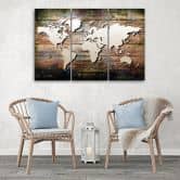Leinwandbild 3-teilig, Weltkarte Vintage Shabby Chic 