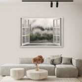 Leinwandbild, Fensterblick Wald im Nebelsee 