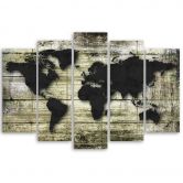 Wandbild 5-teilig, Weltkarte Retro Holz 