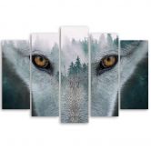 Wandbild 5-teilig, Wolf Wald Nebel Natur Bäume 