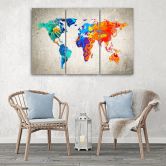 Leinwandbild 3-teilig, Farbige Weltkarte Landkarte 