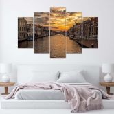 Leinwandbild 5 teilig, Stadt Fluss Sonnenuntergang 