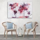 Leinwandbild 3-teilig, Weltkarte Rot 