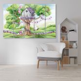 Leinwandbild 5 teilig, Weiße Kaninchen Hütte auf dem Baum 