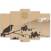 Leinwandbild 5 teilig, Japan Fuji Vogel Beige 
