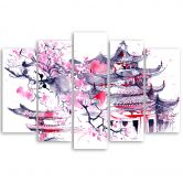 5 stykke lærredstryk, Pagoda Cherry Tree Japan Painted 