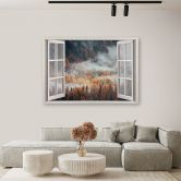 Canvas schilderij, venster uitzicht bos in de mist bergen 
