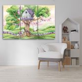 Leinwandbild 3 teilig, Weiße Kaninchen Hütte auf dem Baum 