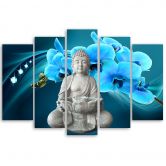 Leinwandbild 5 teilig, Buddha Zen Orchidee Türkis 