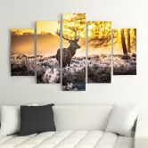 Tableau sur toile 5 pièces, forêt de cerfs au coucher du soleil 