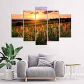 Leinwandbild 5 teilig, Sonnenuntergang Blumen Wiese 