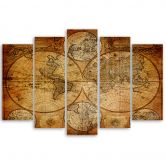 Leinwandbild 5 teilig, Alte Weltkarte Braun 