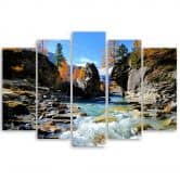 Leinwandbild 5 teilig, Berge Wasserfall Felsen 
