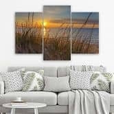 Leinwandbild 3-teilig, Meer Strand Gras Sonnenuntergang 