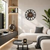 Design wandklok Hout & Staal met walnoot hout look en Romeinse cijfers Ø40 cm 