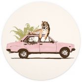 Papier peint photo rond Tigre sur une voiture rose - Bodart - papier peint intissé/papier peint intissé autocollant 