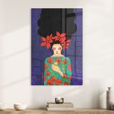 Glasbild Frau mit roter Blütenkrone und Vogel - Hülya 