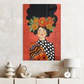 Glasbild Lächelnde Frau mit orangen Blumen - Hülya 