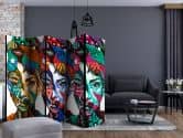 Paravent, Raumteiler freistehend, Trennwand - Bunte Gesichter , 5-teilig - 225x172 cm 